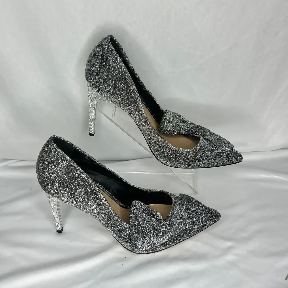 Jewel Badgley Mischka Pumps Womens 5.5‎ Silver Glitter Rhinestone Bow Stiletto